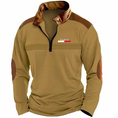 Herren Mode Langarm Polo-Shirt Half Zip Sweatshirt Kontrast Patchwork Waffelstrick Paris Print Top Mit Ellenbogen-Patches