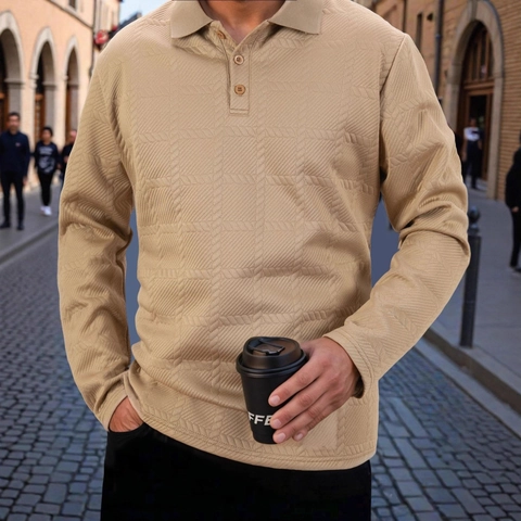 Heren Casual Poloshirt Lange Mouw Wafeltextuur Knoopsluiting Reverskraag Mode Business Smart Effen Kleur Top