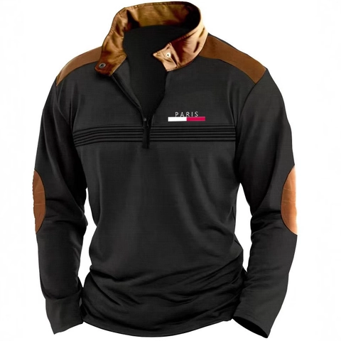 Herren Mode Langarm Polo-Shirt Half Zip Sweatshirt Kontrast Patchwork Waffelstrick Paris Print Top Mit Ellenbogen-Patches