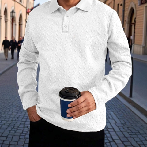 Polo Casual de Manga Larga para Hombre Textura 3D Punto Patrón Espiga Corte Ajustado Solapa con Botones Estilo Urbano