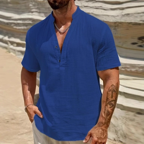 Herren Casual Kurzarmhemd Atmungsaktive Baumwollmischung Strukturierter Stehkragen Henley-Ausschnitt Sommer Strand Top