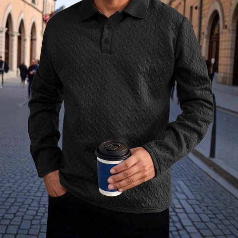 Polo Casual de Manga Larga para Hombre Textura 3D Punto Patrón Espiga Corte Ajustado Solapa con Botones Estilo Urbano