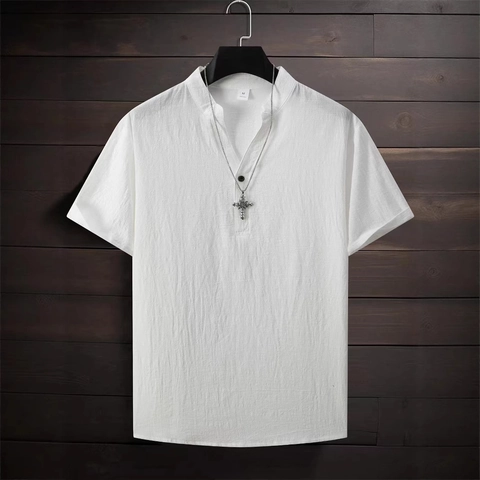 Herren Casual Kurzarmhemd Atmungsaktive Baumwollmischung Strukturierter Stehkragen Henley-Ausschnitt Sommer Strand Top