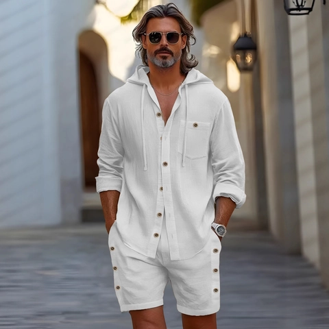 Heren Katoen Linnen Casual Capuchon Shirt Lange Mouwen En Bijpassende Shorts Effen Kleur Vakantie Resort Beachwear Outfit