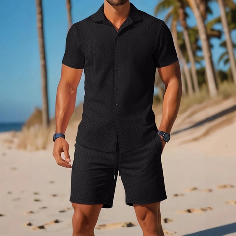 Hommes Chemise à Manches Courtes Boutonnée Et Short à Cordon Outfits Été Plage Vacances Jacquard Texturé Mode Vêtements Décontractés