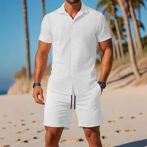 Hommes Chemise à Manches Courtes Boutonnée Et Short à Cordon Outfits Été Plage Vacances Jacquard Texturé Mode Vêtements Décontractés