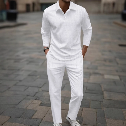 Conjunto Casual de 2 Piezas para Hombre Polo de Manga Larga y Pantalones Traje de Punto Jacquard con Textura para Primavera Otoño
