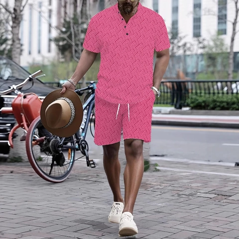 Ensemble Chemise Et Short Décontracté en Mélange de Coton pour Homme Texture Géométrique Col Henley Haut Manches Courtes Short Tenue de Plage