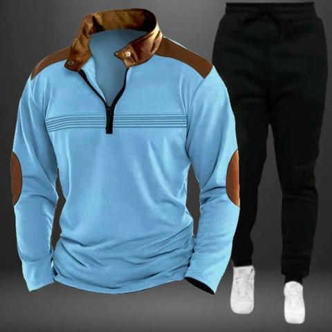 Ensemble de Sport Décontracté pour Homme Mélange Coton Polyester Haut Polo Manches Longues Demi-Zip et Pantalon