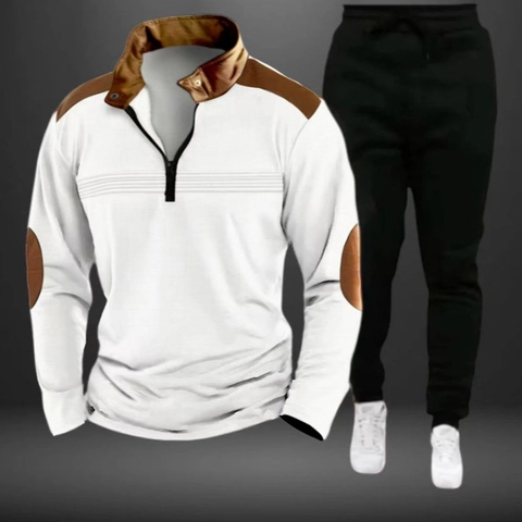 Ensemble de Sport Décontracté pour Homme Mélange Coton Polyester Haut Polo Manches Longues Demi-Zip et Pantalon