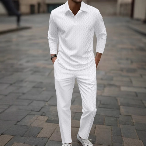 Traje Smart Casual Hombre Polo de Manga Larga Y Pantalones Con Textura Chevrón Punto Acanalado de Mezcla de Algodón para Primavera Otoño