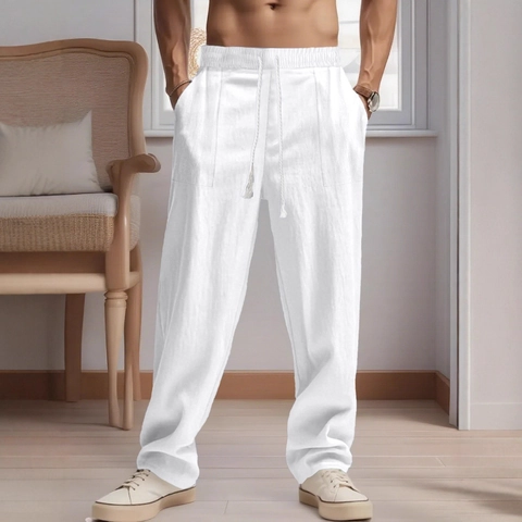 Men Casual Linen Cotton Blend Straight Leg Pants Drawstring Elastic Waist Solid Color Loose Beach Trousers With Pockets