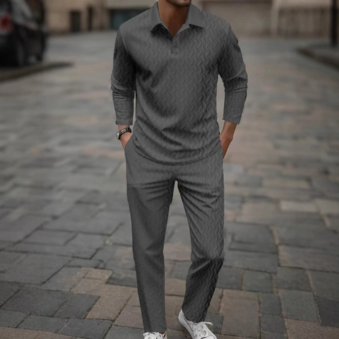 Traje Smart Casual Hombre Polo de Manga Larga Y Pantalones Con Textura Chevrón Punto Acanalado de Mezcla de Algodón para Primavera Otoño