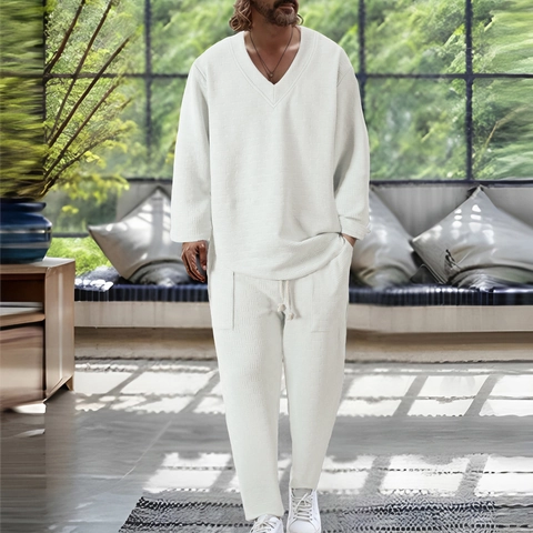 Herren Casual V-Ausschnitt Waffelstrick Set Langarm Jacquard Textur Oberteil Und Hose Loungewear Hausanzug Zweiteilig
