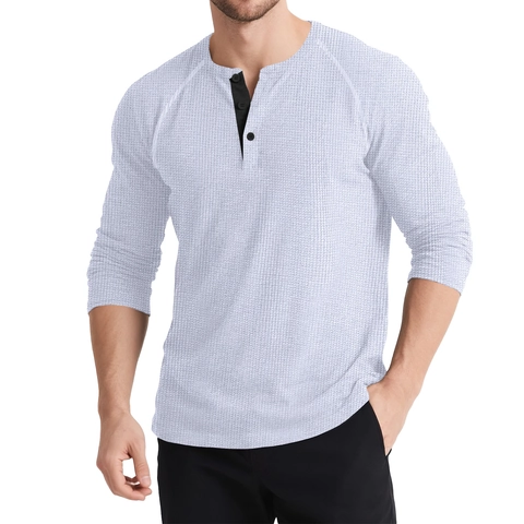 Maglia Henley Casual da Uomo in Maglia a Nido d'Ape a Manica Lunga con Abbottonatura a Contrasto T-Shirt Retro per Primavera Autunno