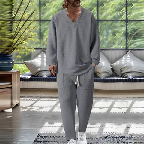 Herren Casual V-Ausschnitt Waffelstrick Set Langarm Jacquard Textur Oberteil Und Hose Loungewear Hausanzug Zweiteilig