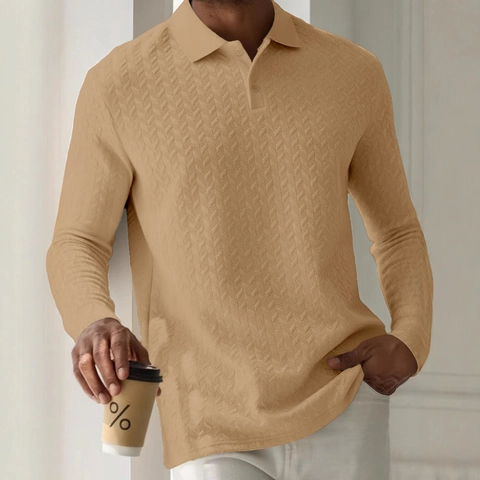 Polo de Manga Larga para Hombre con Textura de Nido de Abeja Mezcla de Algodón Casual Business Urban Corte Ajustado Polo de Color Sólido