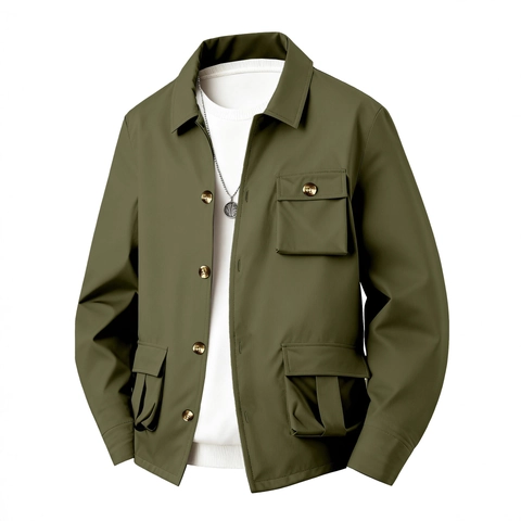 Veste Utilitaire Décontractée pour Homme en Mélange de Coton à Revers Simple Boutonnage Multi Poches Cargo Manteau Quotidien