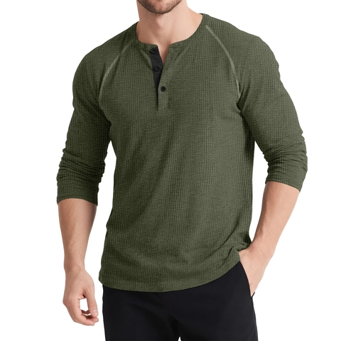Maglia Henley Casual da Uomo in Maglia a Nido d'Ape a Manica Lunga con Abbottonatura a Contrasto T-Shirt Retro per Primavera Autunno