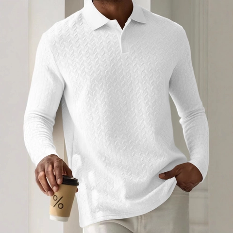 Polo de Manga Larga para Hombre con Textura de Nido de Abeja Mezcla de Algodón Casual Business Urban Corte Ajustado Polo de Color Sólido