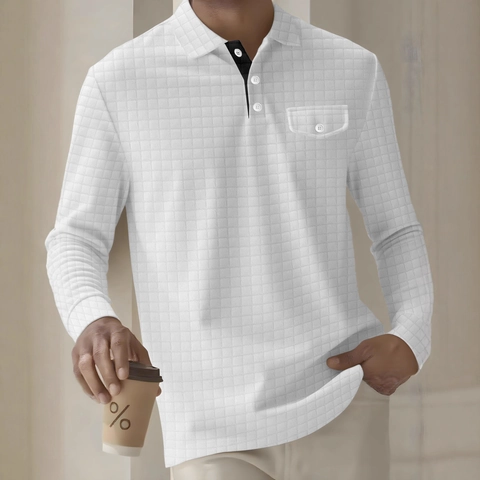 Maglia Polo da Uomo a Maniche Lunghe con Trama a Nido d'Ape Casual Top con Tasca sul Petto Bottone Risvolto Moda