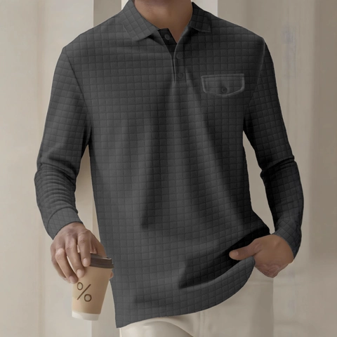 Maglia Polo da Uomo a Maniche Lunghe con Trama a Nido d'Ape Casual Top con Tasca sul Petto Bottone Risvolto Moda