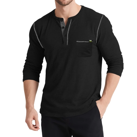 Camiseta Henley Vintage para Hombre Manga Larga Mezcla Algodón Casual T-Shirt Bolsillo 3 Botones Costuras Contraste Slim Fit Ropa Hombre