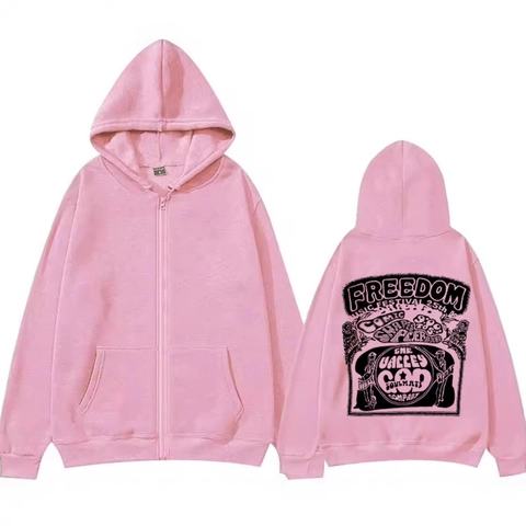 Ανδρικό Vintage Freedom Music Festival Zip Up Hoodie Μακρυμάνικο με Εσωτερική Επένδυση Fleece Casual Streetwear Φούτερ με Τσέπες