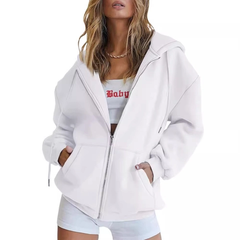 Felpa Con Cappuccio Zip Donna Oversize Sweatshirt Poliestere Pile Tinta Unita Casual Spalle Cadenti Giacca Coulisse Tasche