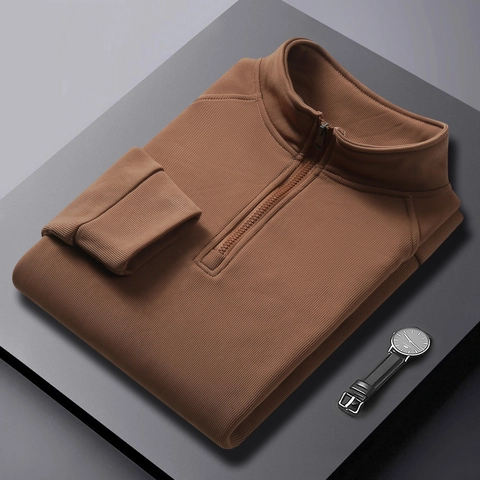 Sudadera Informal de Hombre con Cremallera 1/4 de Punto de Canalé Cuello Alto Manga Larga Color Sólido Mezcla de Algodón Otoño
