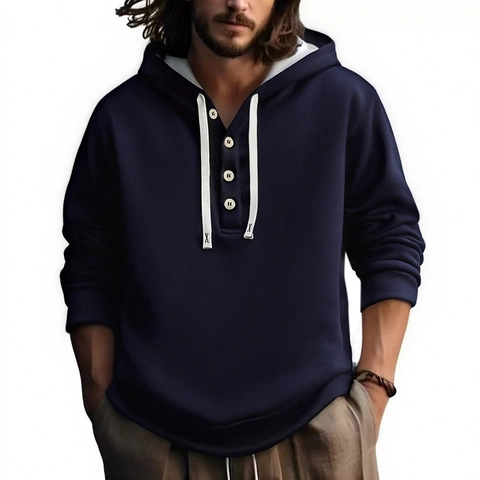 Herren Casual Hoodie Henley Ausschnitt Knopfleiste Pullover Sweatshirt Langarm Einfarbig Kapuzenoberteil Polyester Sportswear