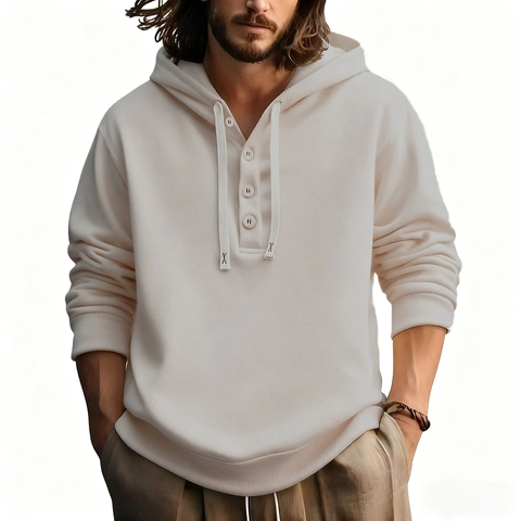 Herren Casual Hoodie Henley Ausschnitt Knopfleiste Pullover Sweatshirt Langarm Einfarbig Kapuzenoberteil Polyester Sportswear