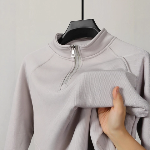 Sudadera Casual de Hombre Color Sólido Canalé Media Cremallera Cuello Alzado Manga Ranglán Pullover Holgado