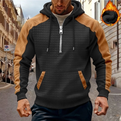 Herren Farbblock Fleece-Gefüttert Kapuzenpullover Halber Reißverschluss Gesteppte Textur Warm Pullover Lässig Langarm Hoodie Top