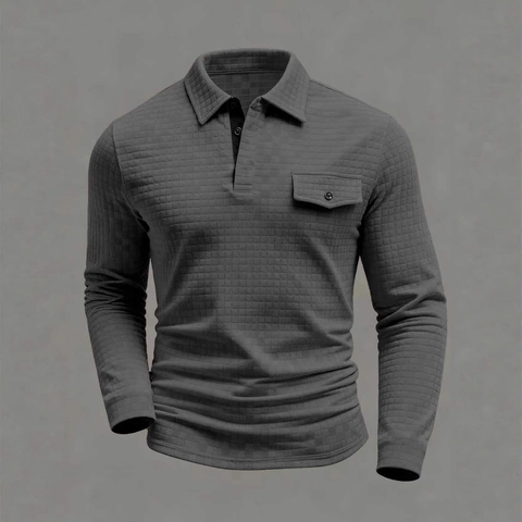 Polo Casual de Manga Larga para Hombre Textura de Gofre Mezcla de Algodón Corte Slim Con Bolsillo en el Pecho y Tapeta de Contraste