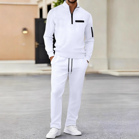 Heren Wafelgebreide Quarter Zip Pullover Met Lange Mouwen En Joggingbroek Met Trekkoord Trainingspak Voor Casual Sportmode
