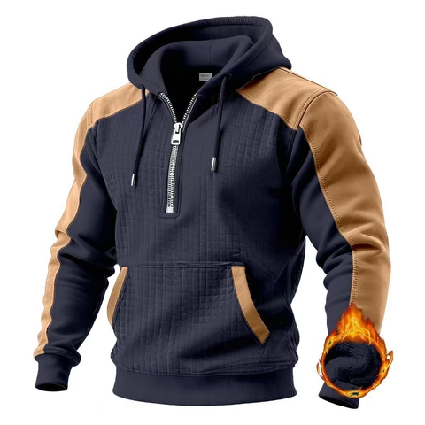 Herren Farbblock Fleece-Gefüttert Kapuzenpullover Halber Reißverschluss Gesteppte Textur Warm Pullover Lässig Langarm Hoodie Top