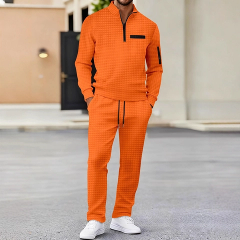 Heren Wafelgebreide Quarter Zip Pullover Met Lange Mouwen En Joggingbroek Met Trekkoord Trainingspak Voor Casual Sportmode