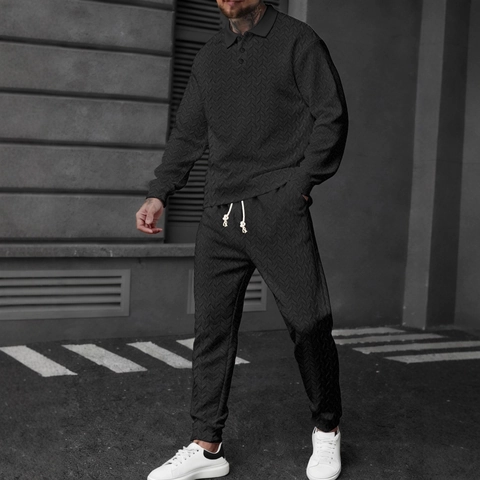 Set Maglia Polo a Maniche Lunghe e Pantaloni da Uomo Casual Tuta Sportiva con Texture a Spina di Pesce Due Pezzi per Primavera Autunno
