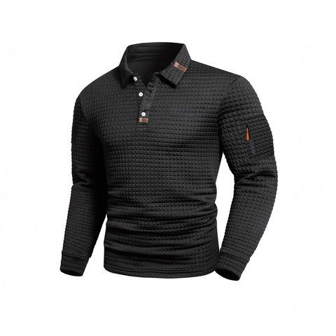 Herren Casual Waffelstruktur Langarm Polo Shirt Revers Patchwork Top Mit Dekorativer Ärmelreißverschlusstasche Outdoor Mode