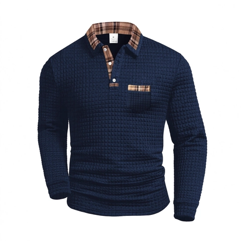 Herren Casual Langarm Polohemd Waffelstrick Kariertes Patchwork Kontrastkragen Sporttop Mit Tasche