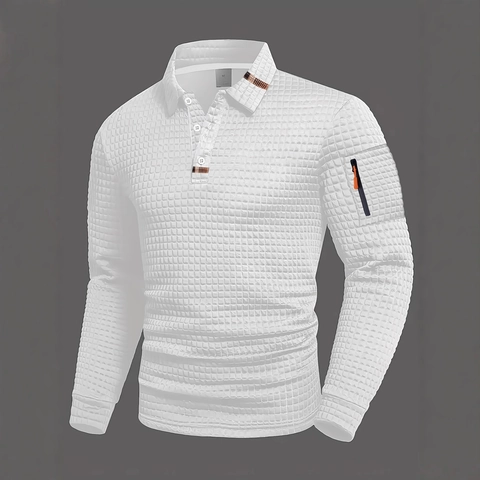 Herren Casual Waffelstruktur Langarm Polo Shirt Revers Patchwork Top Mit Dekorativer Ärmelreißverschlusstasche Outdoor Mode