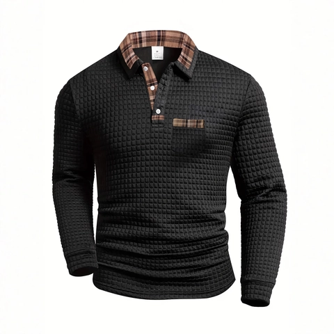 Herren Casual Langarm Polohemd Waffelstrick Kariertes Patchwork Kontrastkragen Sporttop Mit Tasche