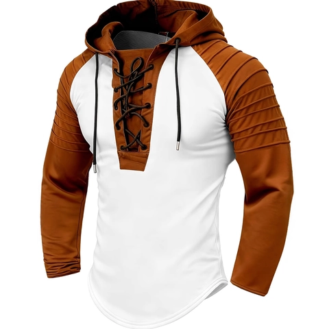 Haut à Capuche Décontracté pour Hommes Manches Longues Col à Lacet Color Block Manches Plissées Mode Streetwear Sweat