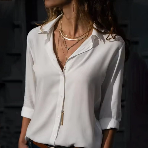 Damen Casual Polyester Bluse Umlegekragen Einreihig Langarm Einfarbig Locker Top Für Arbeit Alltag