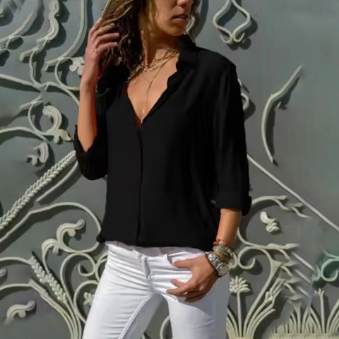 Damen Casual Polyester Bluse Umlegekragen Einreihig Langarm Einfarbig Locker Top Für Arbeit Alltag