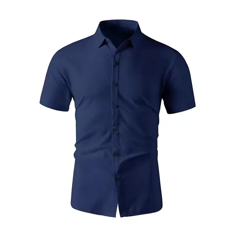 Camicia Casual da Uomo a Maniche Corte Vestibilità Aderente Colletto Rovesciato Chiusura con Bottoni Top Tinta Unita Camicia in Poliestere