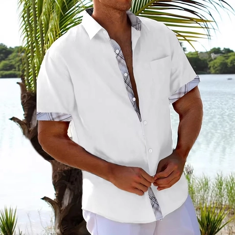 Herren Sommer Casual Kurzarm Hemd Mit Karo Patchwork Detail Revers Button Down Resort Stil Top Für Herren Bequem