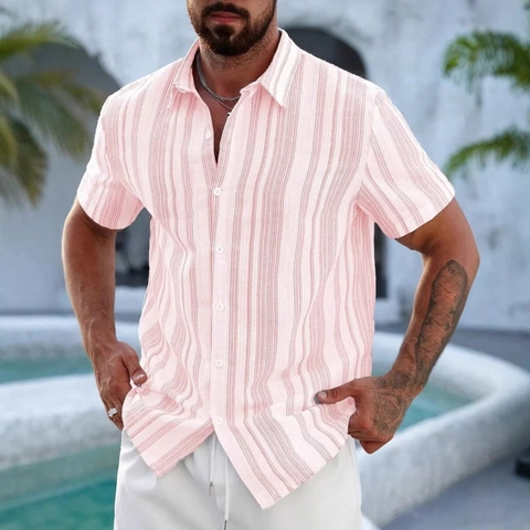 Men Casual Short Sleeve Shirt Striped Plaid Patchwork Lapel Button Down Summer Beach Vacation Breathable Slim Fit Mens Top