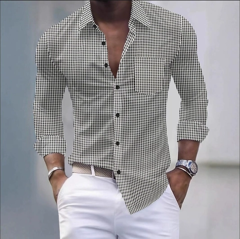 Camicia Casual da Uomo a Quadretti Gingham a Maniche Lunghe con Colletto Rovesciato e Taschino in Poliestere a Righe